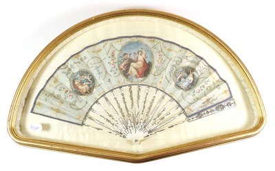 Lot 5 - An 18th Century Ivory Fan, enclosed in a glazed fan shaped wooden display case. The eau de nil silk