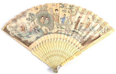 Lot 7 - A 1740's Ivory Fan, the monture beautifully carved and pierced, mother-of-pearl thumb guards to...