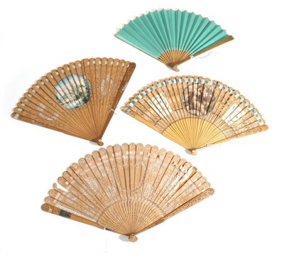 Lot 8 - An Early 19th Century Wooden Fan, mounted with a sea green double paper leaf, completely plain save