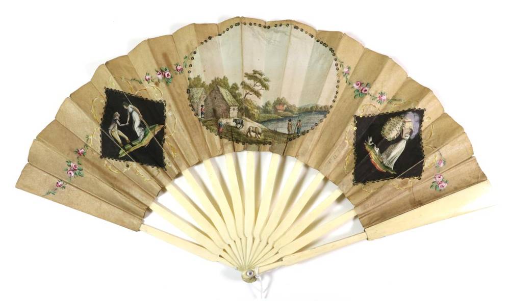 Lot 13 - A Fan for a Friend: A Mid-18th Century German Fan, the bone sticks simply shaped, and plain....