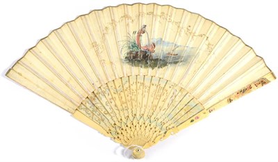 Lot 22 - A First Half 18th Century Fan, the carved and pierced ivory sticks also painted and decorated...