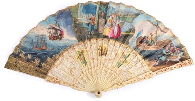 Lot 24 - A Mid-18th Century Ivory Fan, with a carved and pierced monture, the velum leaf mounted à...