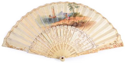 Lot 24 - A Mid-18th Century Ivory Fan, with a carved and pierced monture, the velum leaf mounted à...