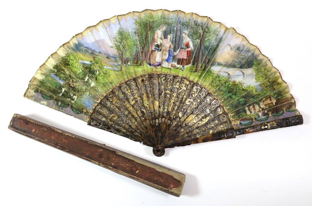 Lot 26 - An 18th Century Painted Fan, the monture of carved and pierced tortoiseshell, details...