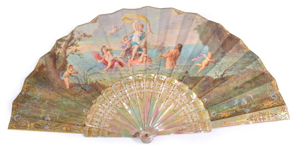 Lot 27 - The Triumph of Venus: A Circa 1880 Fan, with double velum leaf, mounted on pierced and gilded,...