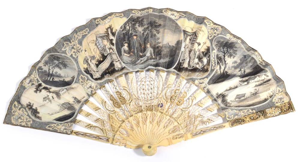 Lot 31 - An Unusual Mid-18th Century Ivory Fan, with finely pierced monture, the velum leaf mounted à...