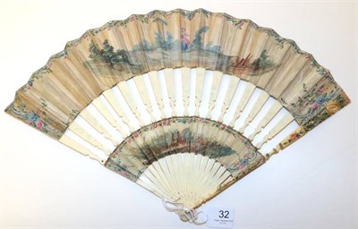 Lot 32 - A Dainty Circa 1755 Ivory Cabriolet Fan, the monture finely painted with flowers, butterflies...