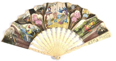 Lot 35 - A Mid-18th Century Fan, with finely pierced and carved ivory monture, the guards with a lady...