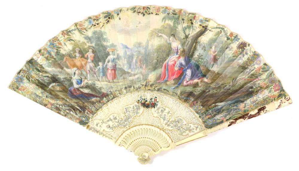 Lot 37 - An Early 18th Century Ivory Fan, the monture carved, pierced and inlaid with mother of pearl....