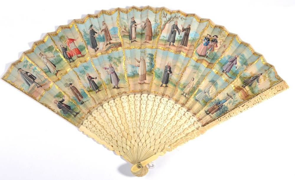 Lot 39 - Pilgrims: A Rare Ivory Fan, Circa 1750, with carved and pierced sticks, the gorge carved with...