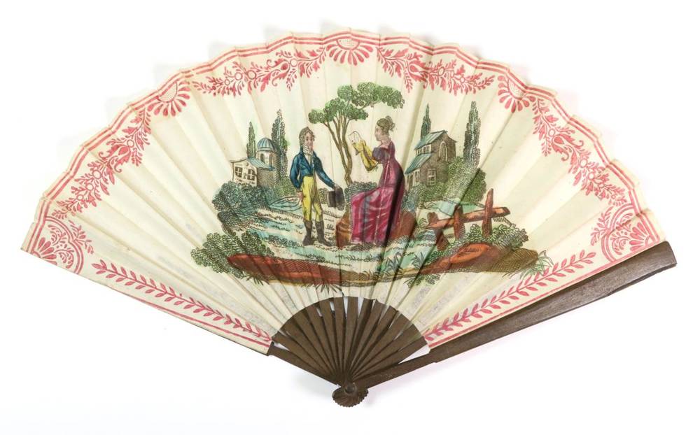 Lot 41 - A Regency Printed and Hand-Coloured Fan, the double paper leaf mounted on basic and plain dark...