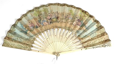 Lot 51 - A Mid-19th Century Bone Fan, with double paper leaf, the recto with a pastoral scene of a group...