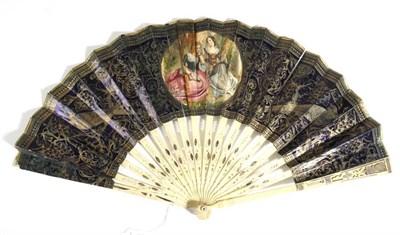 Lot 51 - A Mid-19th Century Bone Fan, with double paper leaf, the recto with a pastoral scene of a group...