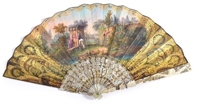 Lot 54 - Circa 1830's, A Mother-of-Pearl Fan, with carved, pierced and gilded mother-of-pearl sticks,...