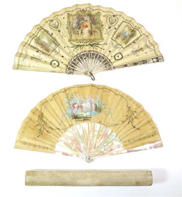 Lot 56 - An Early 20th Century Pink Mother-of-Pearl Fan, the double silk leaf of very dark cream depicting a