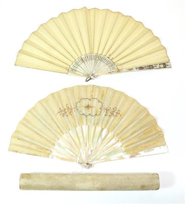 Lot 56 - An Early 20th Century Pink Mother-of-Pearl Fan, the double silk leaf of very dark cream depicting a