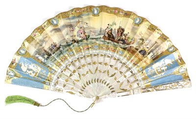 Lot 59 - Circa 1840's, An Unusual Mother-of-Pearl Fan, with pierced and brightly gilded sticks, the...