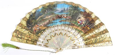 Lot 59 - Circa 1840's, An Unusual Mother-of-Pearl Fan, with pierced and brightly gilded sticks, the...