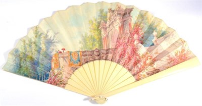 Lot 60 - An Ivory Fan Dated 1887, mounted with a double velum leaf, depicting a Mediterranean stone...
