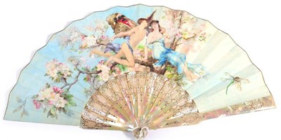 Lot 63 - Circa 1880, A French Fan, with green/pink mother-of-pearl sticks, silvered and gilded, the...