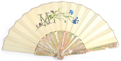 Lot 63 - Circa 1880, A French Fan, with green/pink mother-of-pearl sticks, silvered and gilded, the...