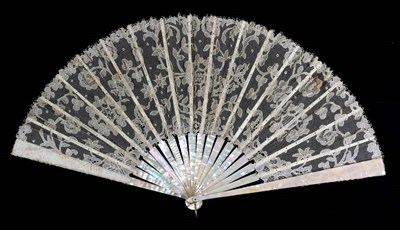 Lot 64 - A Circa 1880's Pink Mother-of-Pearl Fan, mounted with a Carrickmacross needle lace leaf, the...