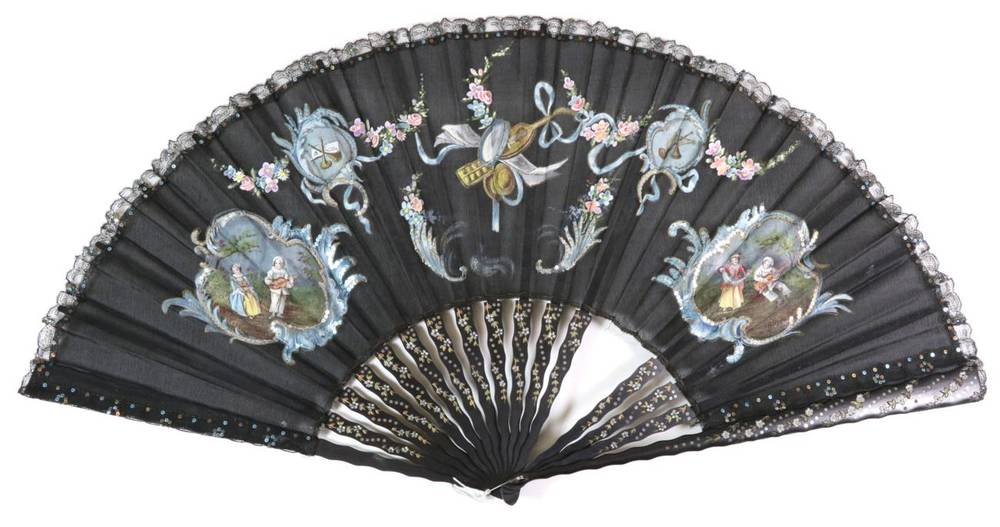 Lot 66 - A Large Circa 1890's Black Gauze Fan, mounted à l'Anglaise on black wooden sticks, the upper...