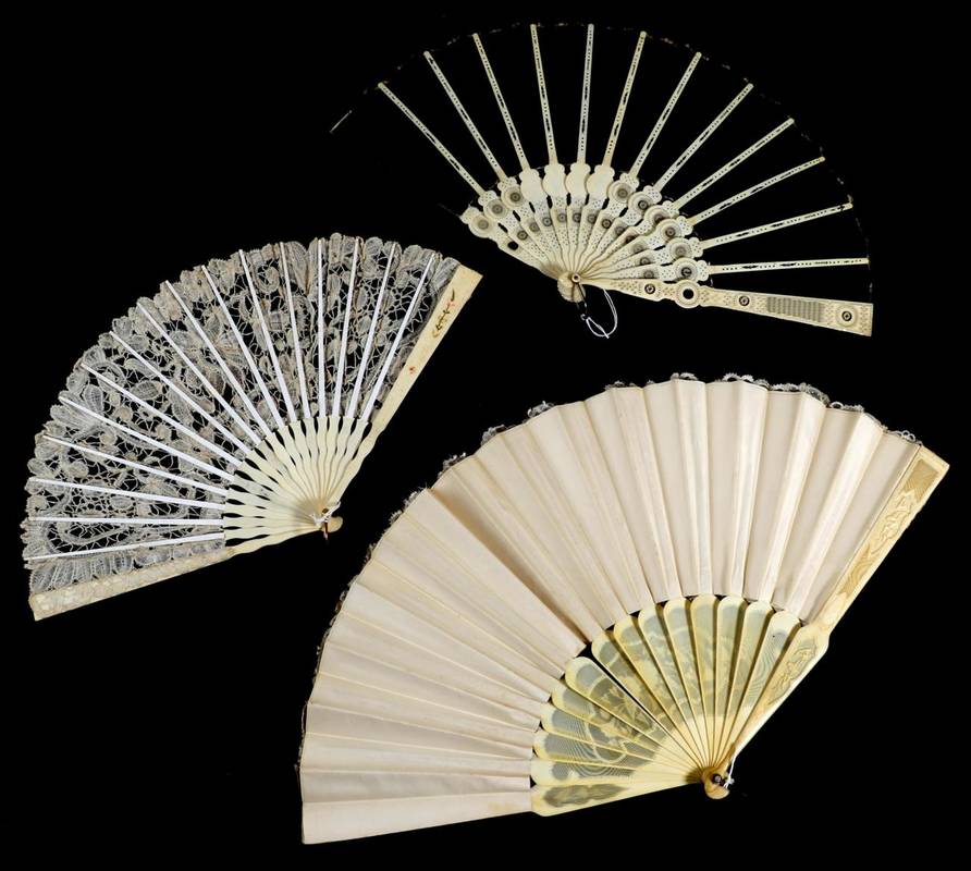 Lot 68 - A Circa 1880s Bone Fan, the monture carved and pierced, perhaps in the fashion produced by the...