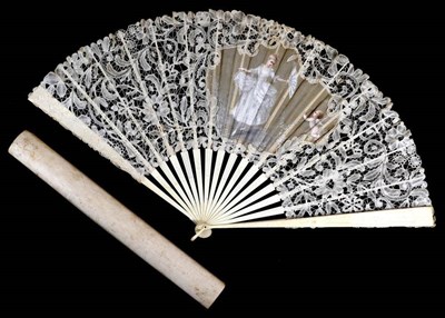 Lot 69 - A Large Late 19th Century Bone Fan, the monture lightly carved with delicate and mainly floral...