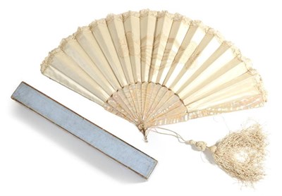 Lot 70 - A Circa 1880's Cream Silk Fan, with Brussels lace border and central appliqué motif, mounted...