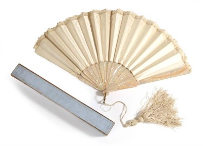 Lot 70 - A Circa 1880's Cream Silk Fan, with Brussels lace border and central appliqué motif, mounted...