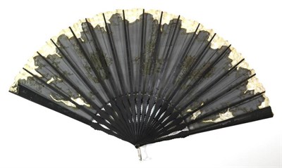 Lot 71 - A Circa 1900-10 Fan, the leaf of black net embroidered with sprays of iris and leaves and...