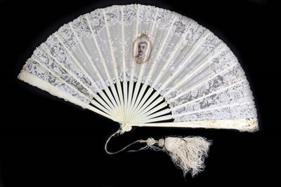 Lot 77 - A Late 19th Century Point De Gaze Needle Lace Fan Mounted on Ivory, the sticks gilded, the...