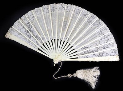 Lot 77 - A Late 19th Century Point De Gaze Needle Lace Fan Mounted on Ivory, the sticks gilded, the...