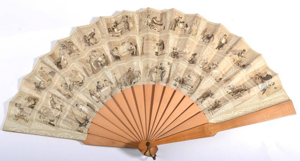 Lot 83 - Circa 1880's, A Fan, with wooden monture and double cotton leaf, printed with a series of...