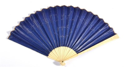 Lot 91 - Circa 1803, A Dainty Fan, with royal blue double paper leaf mounted on slender bone sticks made...