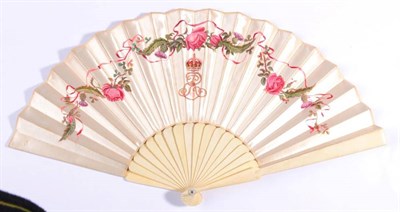 Lot 94 - Circa 1902, A Commemorative Fan, of cream satin mounted on plain ivory sticks, painted with the...