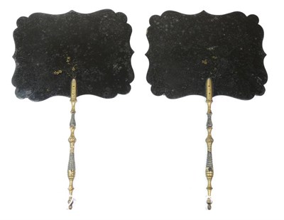 Lot 96 - A Pair of Rectangular 19th Century Face Screens or Fixed Fans, lacquered in black and gilded,...