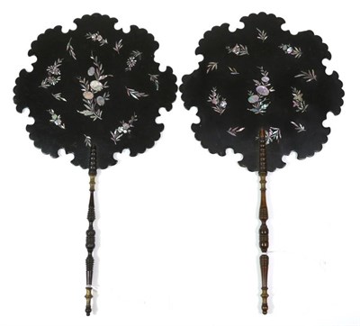 Lot 97 - A Pair of Circular 19th Century Face Screens or Fixed Fans, lacquered in black and inlaid with...