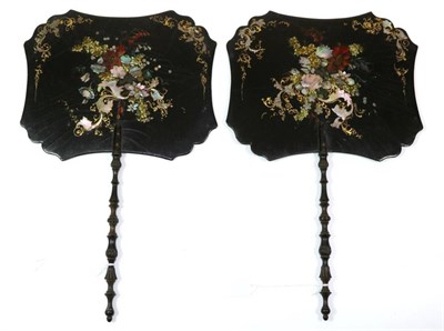 Lot 98 - A Pair of Rectangular 19th Century Face Screens or Fixed Fans, lacquered in black and inlaid...
