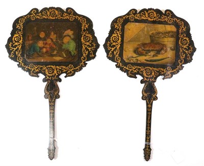 Lot 99 - A Pair of Early 19th Century French Shaped/Rectangular Face Screens or Fixed Fans, each...