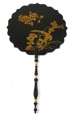 Lot 100 - A Single 19th Century Circular/Shaped Face Screen or Fixed Fan, lacquered in black and painted...