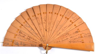 Lot 101 - Circa 1906, A Wooden Brisé Autograph Fan, with seventeen inner sticks and two guards, a pencil...
