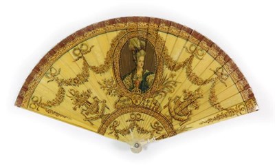 Lot 105 - Circa 1860's, A Small Painted Ivory Brisé Fan, bearing a portrait of Marie Antoinette, Queen...
