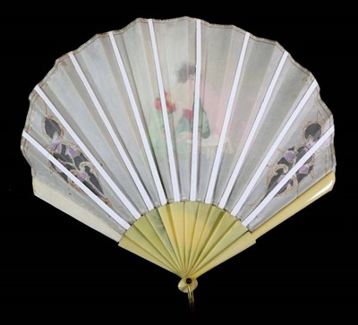 Lot 114 - A 1920's Fan of Fontange Form, the cream silk leaf mounted à l'Anglaise on resin sticks dyed...