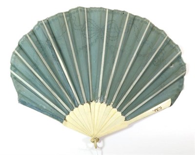 Lot 115 - A Large Early 20th Century Bone Fan, mounted with eau de nil silk and backed with gauze of a...