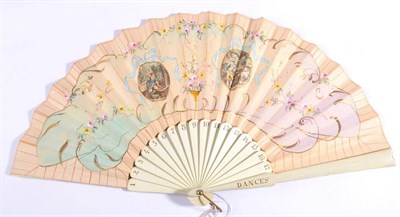 Lot 118 - Circa 1910, A Dance Fan, with seventeen numbered wooden sticks, the monture painted cream, a patent