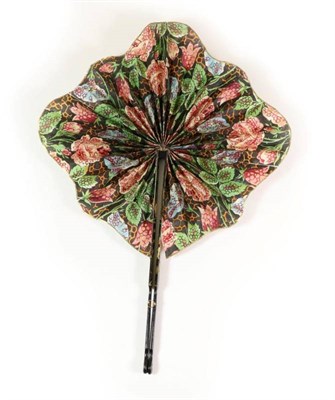 Lot 132 - A Late 19th Century Chinese Cockade Fan, the colourful paper leaf mounted on black and gold...