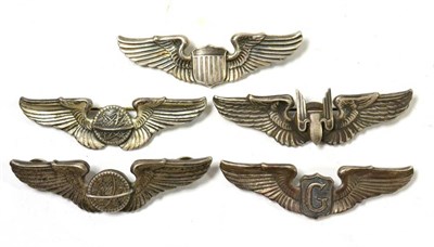 Lot 131 - A Collection of Five Second World War USAAF Silver Wings, to a Pilot by Amcraft, Attleboro,...