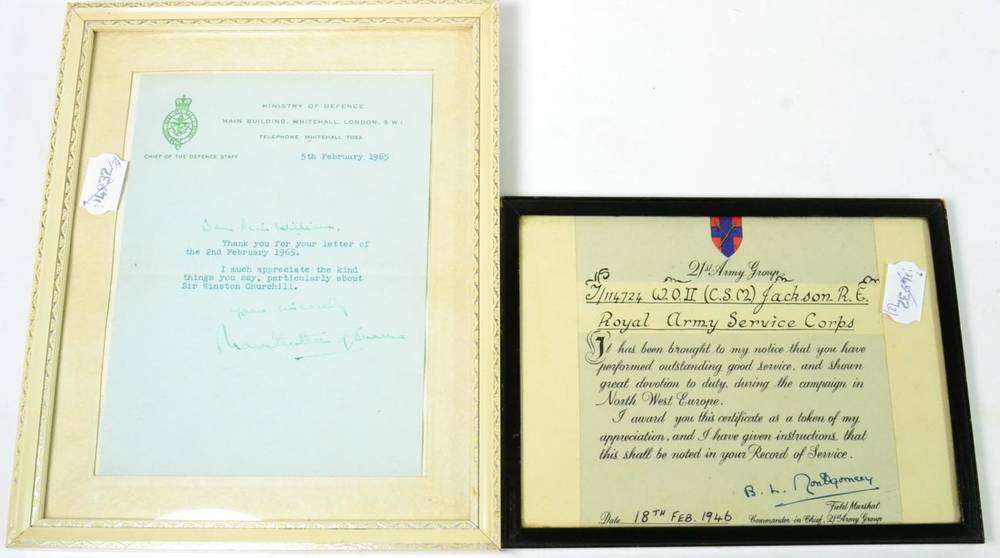 Lot 147 - A Framed Testament, Signed by Field Marshal Bernard Law Montgomery, commending T/114724 W.O.II...